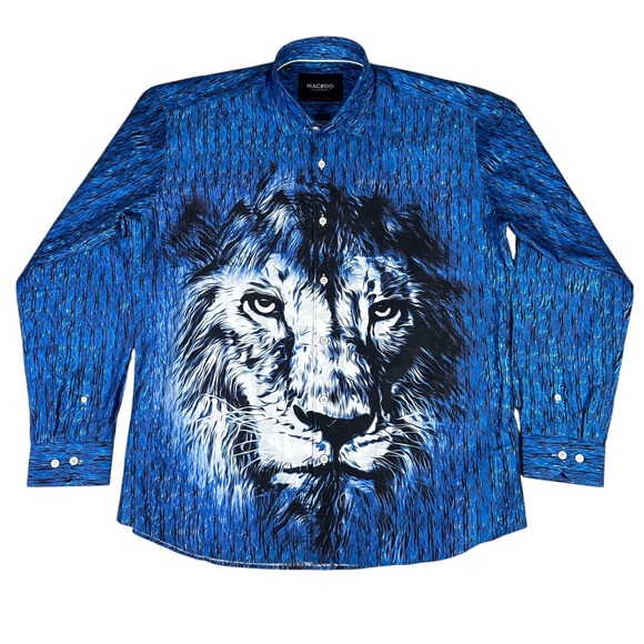 Maceoo Fibonacci Mens Xl Shaped Fit‎ LS Blue AOP Lion Face Shirt Discontinued - Picture 1 of 8
